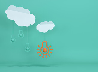 Hanging from cloud orange lightbulb outstanding among green light bulb green background. Minimal concept.Idea.Flat lay. 3d render.