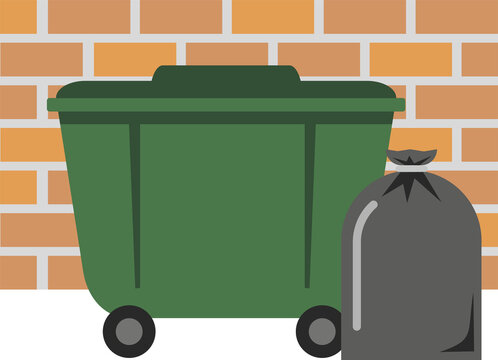 Green dumpster and a black full garbage bag near a brick wall, isolated on a white background. The problem of ecology and garbage, waste collection and processing. Flat infographics. Vector