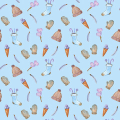 Seamless pattern with Christmas decorations on a sky-blue background. Cute festive watercolor illustration for wallpapers, wrapping paper, design and more. 