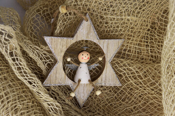 Closeup of handmade Christmas ornaments for decoration on rustic background