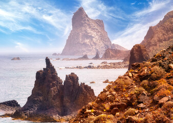 Seascape with mystical atmosphere and cliffs in Benijo, Tenerife, Canary Islands, Spain