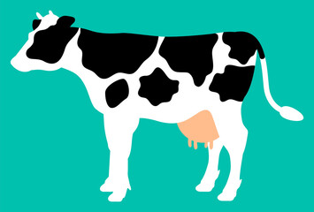 水色の背景に描かれた白黒模様のある牛の全身イラスト【横向き】