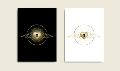 Heart key hole with cloud, golden color logo, Magic heart, boho spiritual guidance tarot reader design. decorative illustration tattoo