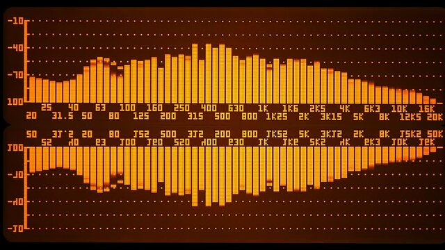 The professional concert equalizer has a yellow spectrum analyzer on the display that analyzes the frequency range of music or any sound and can change it. Closeup