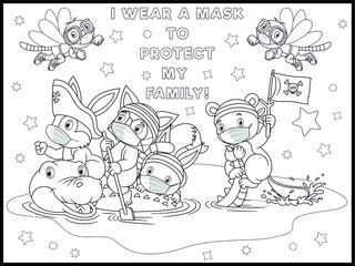 Cute cartoon animals wearing face medical mask. Covid-19 protection methods. Super animal kids with capes and masks. Hero animals wearing costume. Coloring page- Black and White vector Illustration.