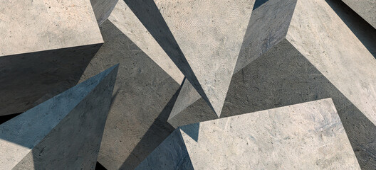 detail of the facade of a building. Modern Abstract Geometric Shapes Background With Triangles and Squares, Concrete Texture, Gray Color. 3d Rendering.