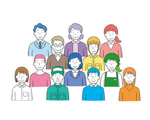 色々な職業年代の手描き風男性女性の集合イラストセット