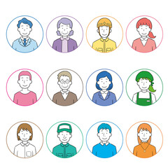 色々な職業年代の手描き風男性女性のアイコンイラストセット