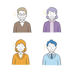 笑顔で明るく笑う手描き風男性女性のイラストセット