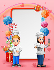 Sweet card background with happy two chefs