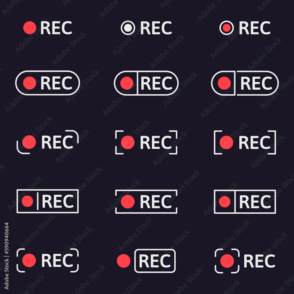 Poster recording icons. smartphone or camera viewfinder record buttons, video recording screen indicator. v