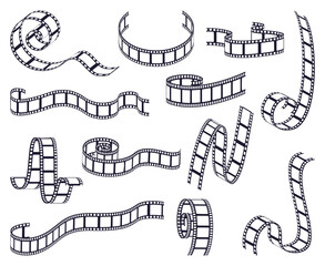 Curved film strip. Cinema monochrome movie or photo tape, strip roll border fragments. Vintage curved filmstrip isolated vector illustrations. Frames of different shapes with empty space - obrazy, fototapety, plakaty