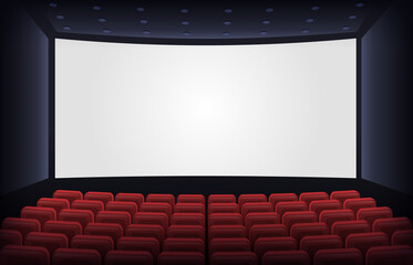 Fototapeta premium Empty cinema theatre. Film presentation scene with red chairs and white empty screen. Movie theatre empty scene vector illustration. Row with seats for watching movie, hall for spectators or audience