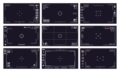 Fototapeta premium Camcorder viewfinder interface. Camera viewfinder, digital display video quality, rec time, battery. Cam viewfinder screen vector illustrations. Focusing screen, image stabilization