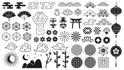 Asian oriental elements. Japanese or chinese flowers, ornaments, clouds and lanterns, asian traditional icons. Oriental culture vector symbols as bamboo branches and kimono isolated
