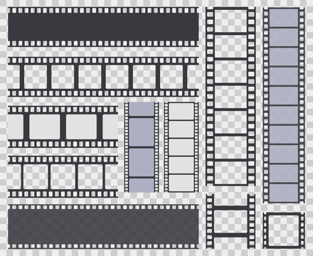 Film strip. Retro movie strip border, cinema monochrome photo or video framed filmstrip. Vintage cinematography tape isolated vector symbols. Blank photo frames, free space isolated on transparent
