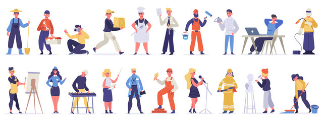Fototapeta na wymiar Different professions and occupations. Professional workers in uniform, doctor, teacher, chef and IT-specialist. Labor day vector illustration set. Male and female jobs as gardener, painter, sculptor