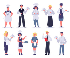 Kitchen workers. Restaurant staff characters, chef, assistants, hostess and waiter, kitchen workers cooking and serving, vector illustration set. Female and male employees in uniform