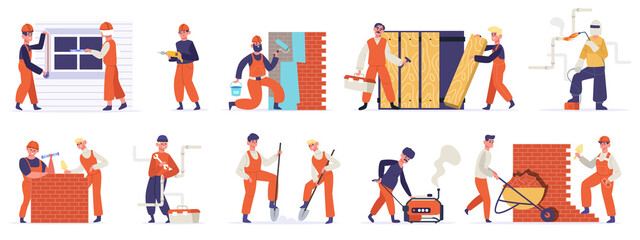 Building construction workers. Professional engineers, builders, mason, carpenter and handyman working. Technician workers vector illustration set. Men with tools or equipment for renovation