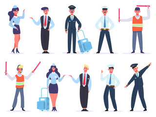 Fototapeta premium Aviation crew. Avia company workers team, captain, pilots, air hostess and crossing guard. Flight aviation aircraft command vector illustrations. Transport service , man and woman in uniform