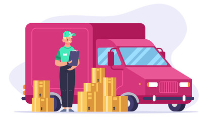 Delivery man. Courier delivery service, young man delivered cardboard boxes. Local delivery or shipping concept vector illustration. Worker standing near mini van car or truck vehicle