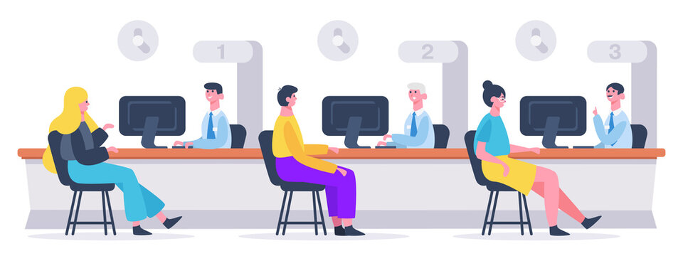 Bank Customer Service. Clients And Financial Consultants, Customers Getting Financial Agreement. Bank Credit Department Vector Illustration. Employee Analyst Consulting People At Office