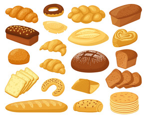 Cartoon bread. Bakery products, roll baguette, bread loaf and toast, sweet donut, cake and croissant. Pastry wheat products vector illustrations. Whole grain and wheat bread and buns for shop