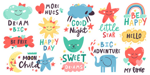 Cute kids lettering. Nursery hand drawn quotes with moon, clouds, stars, cute animals. Doodle baby shower or nursery room vector illustration set. Colorful rainbow, sun, elephant and cat © WinWin