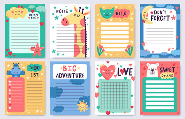 Childish planners. Cute nursery notebook sheets pack. Goal achievement and task planning pages with cute animals, moon, stars vector illustrations. Agenda set with place for text, to do list, notes