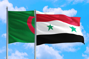 Syria and Algeria national flag waving in the windy deep blue sky. Diplomacy and international...