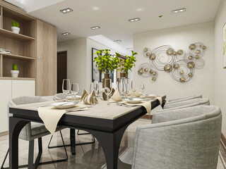 spacious dining room design next to the modern kitchen, with a beautiful dining table and greenery
