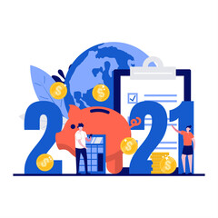 Budget for new 2021 year concept with character. Business or family financial planning. People stand near 2021 date, calculator, coin, world. Modern flat style for landing page, hero images