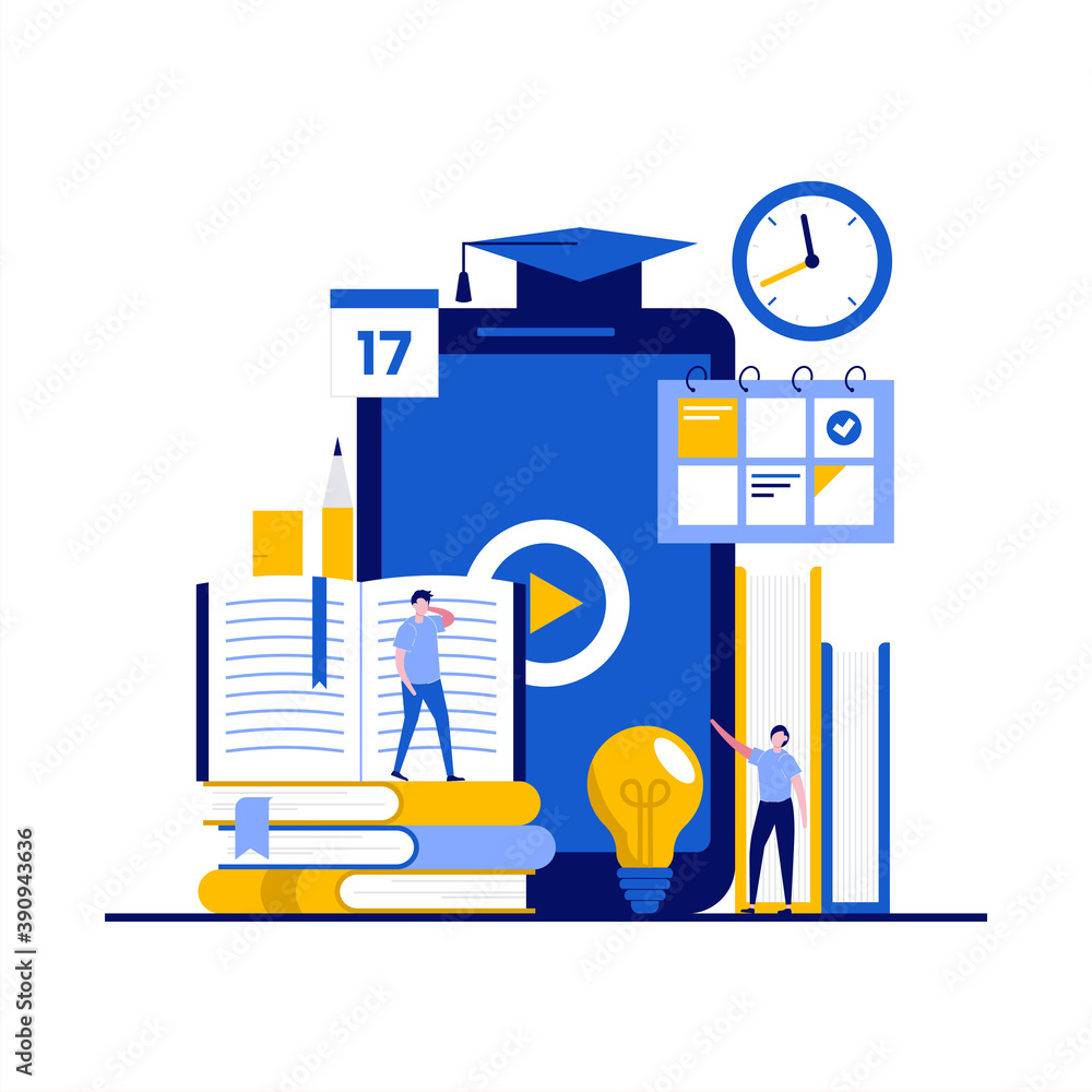 Aufkleber online learning educational system concept with character. opportunities in distance learning and e-