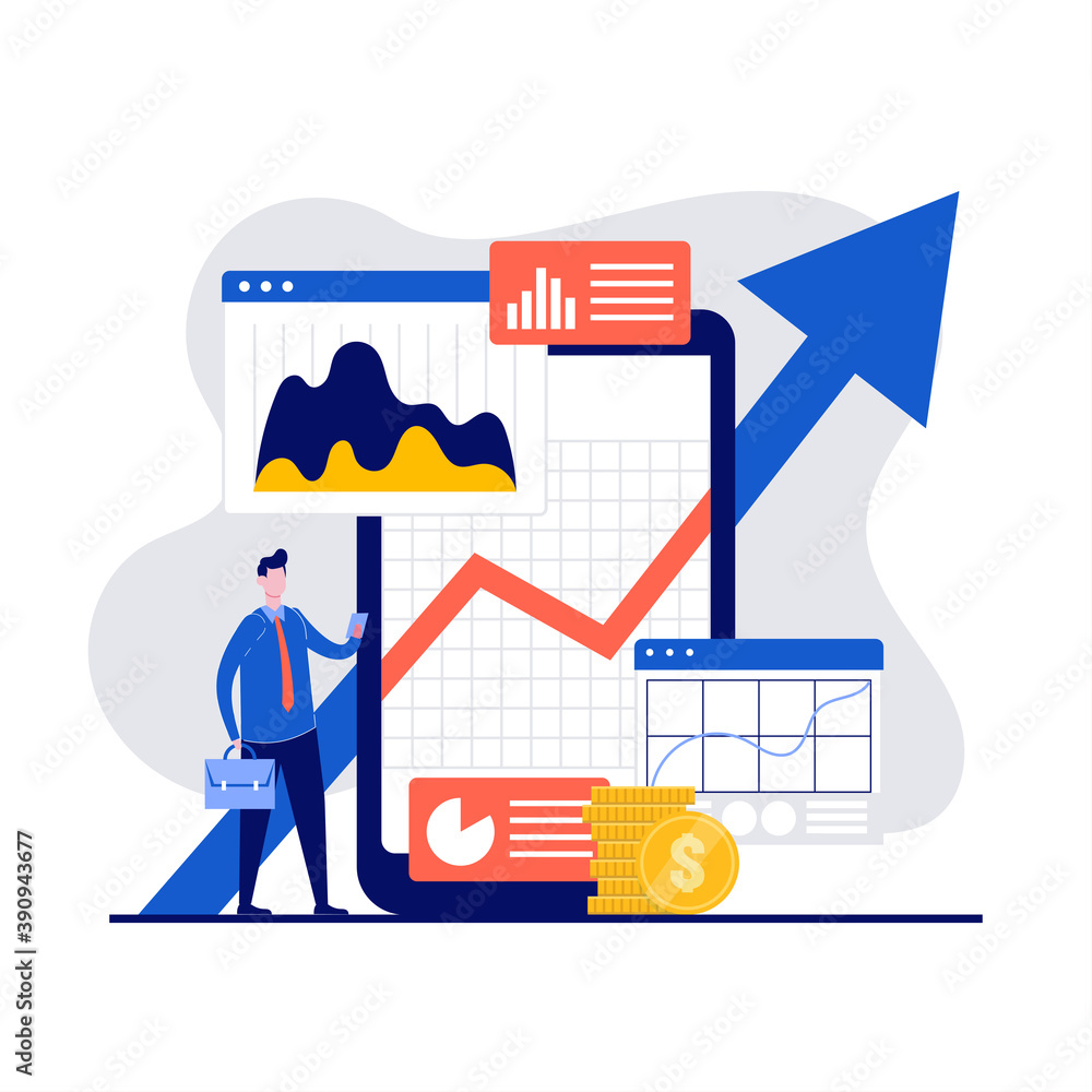 Poster trading platform concept with character using smartphone application. online financial market analyt