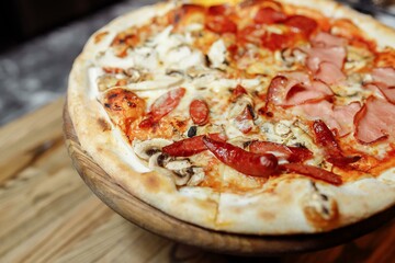 Pizza on wooden table top view. Fast food. Post blog social media. with copy space. Pizza ready to eat