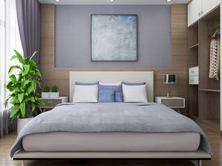  elegant and modern bedroom design, big bed with overcoat cabinet, coffee table, TV, carpet, etc., very comfortable and leisure.