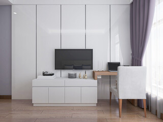 There are wardrobes, cupboards, mirrors and green plants in the study of the family house.