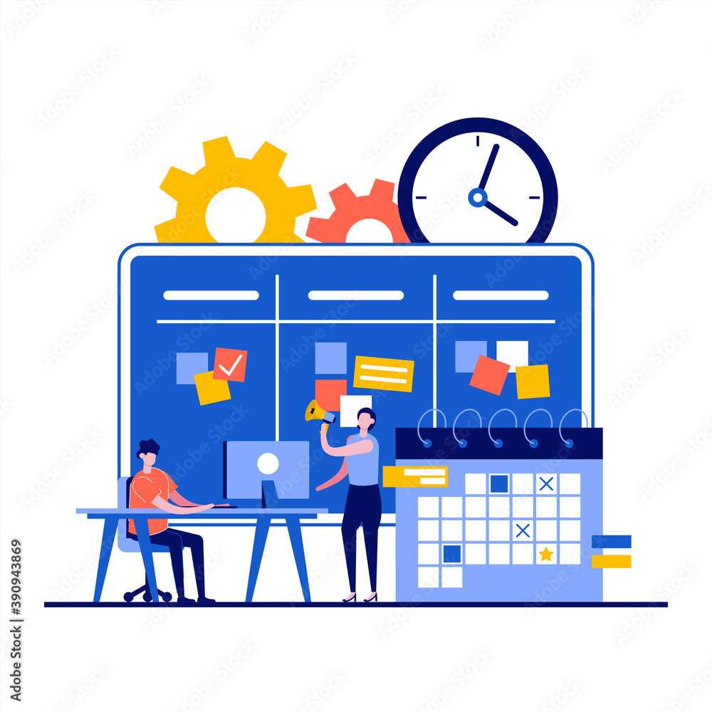 Poster workflow management concept with businessman character. working process control, time optimization, 