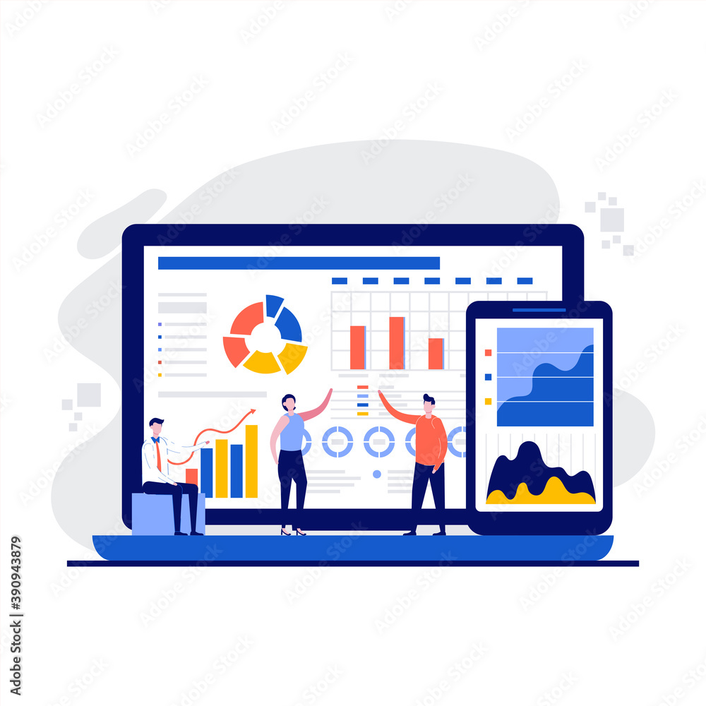Poster database statistics concept with character. office managers analysing data collection, information o