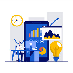 Solution, innovative decision concepts with businesspeople character. Advertising department workers. Product promotion, market analysis. Modern flat style for landing page, mobile app, hero images