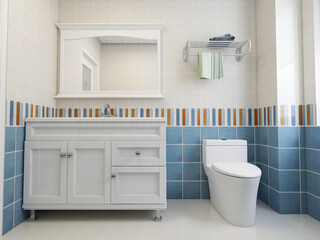 Fototapeta na wymiar modern residential clean bathroom design, with washbasins, mirrors, toilets, shower equipment and bathtubs
