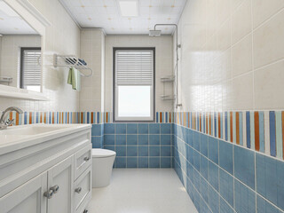  modern residential clean bathroom design, with washbasins, mirrors, toilets, shower equipment and bathtubs