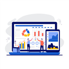 Fototapeta premium Database statistics concept with character. Office managers analysing data collection, information overview, business development. Modern flat style for landing page, mobile app, hero images
