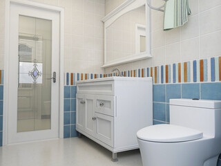  modern residential clean bathroom design, with washbasins, mirrors, toilets, shower equipment and bathtubs