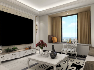 spacious living room design of modern residence, with sofa, tea table, decorative painting, etc