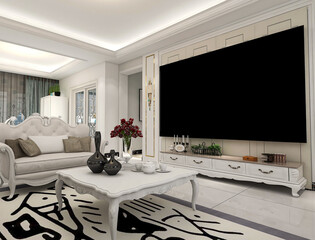 spacious living room design of modern residence, with sofa, tea table, decorative painting, etc