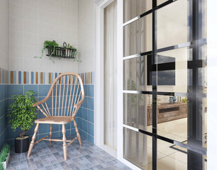 The design of the outdoor balcony of the urban residence is equipped with flowers, leisure tables, chairs and other decorations.