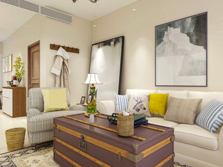 spacious living room design of modern residence, with sofa, tea table, decorative painting, 
