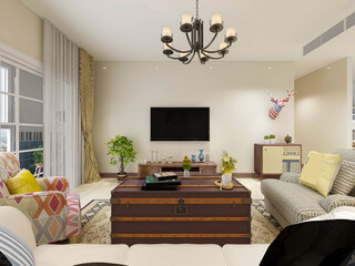 spacious living room design of modern residence, with sofa, tea table, decorative painting, 