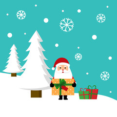 Santa Claus standing on snow and holding gift with snow flakes and Christmas trees on background in flat design. Merry Christmas concept vector illustration. Xmas holiday celebration.